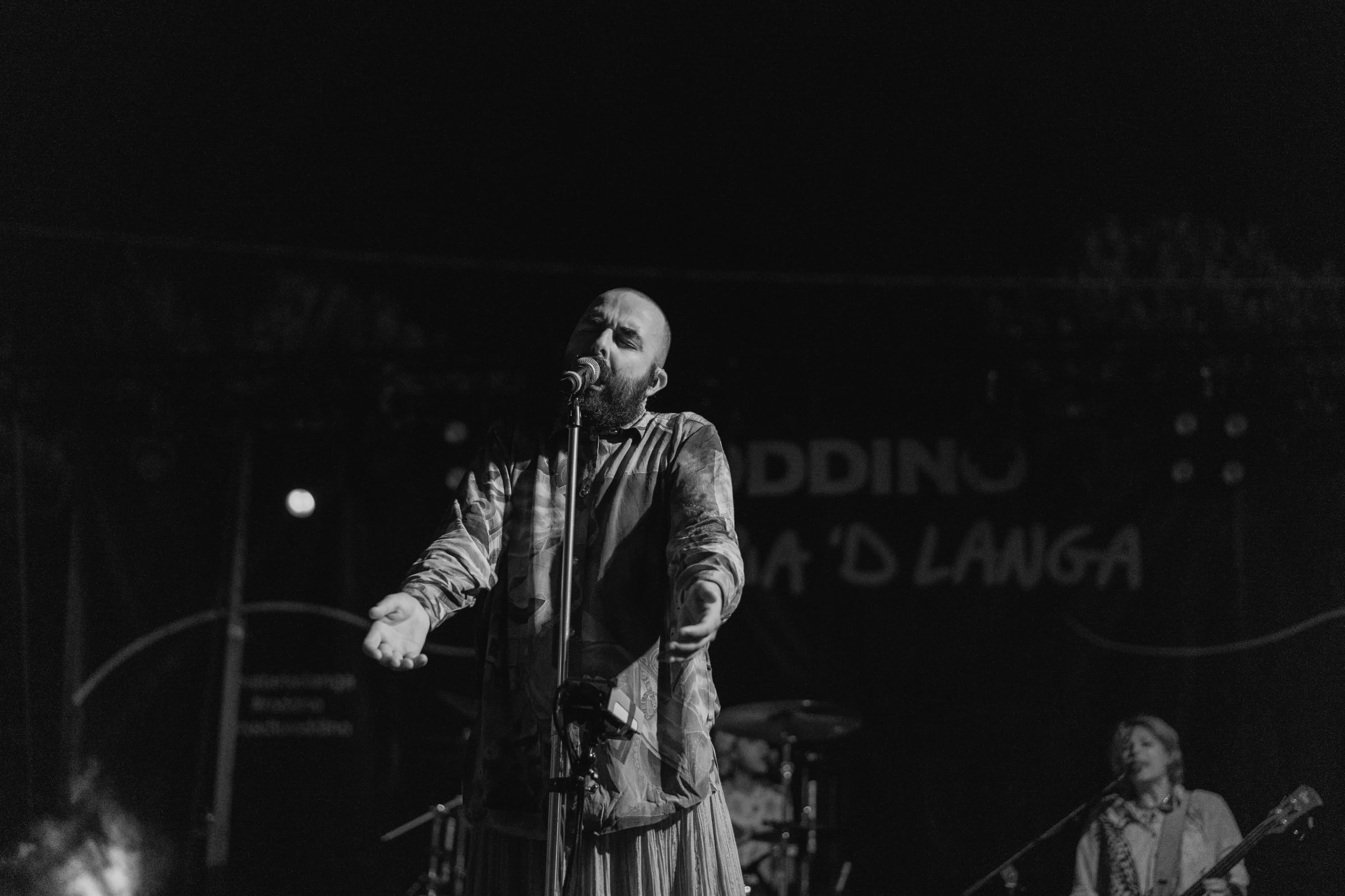 Performance — cantante gesticola, chitarrista sullo sfondo